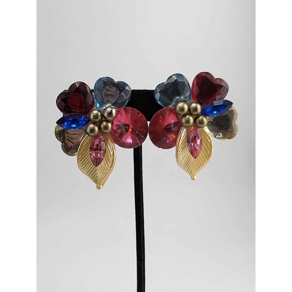 Vintage 1950s Rhinestone Heart Flower Clip Earrings Mod Colorful